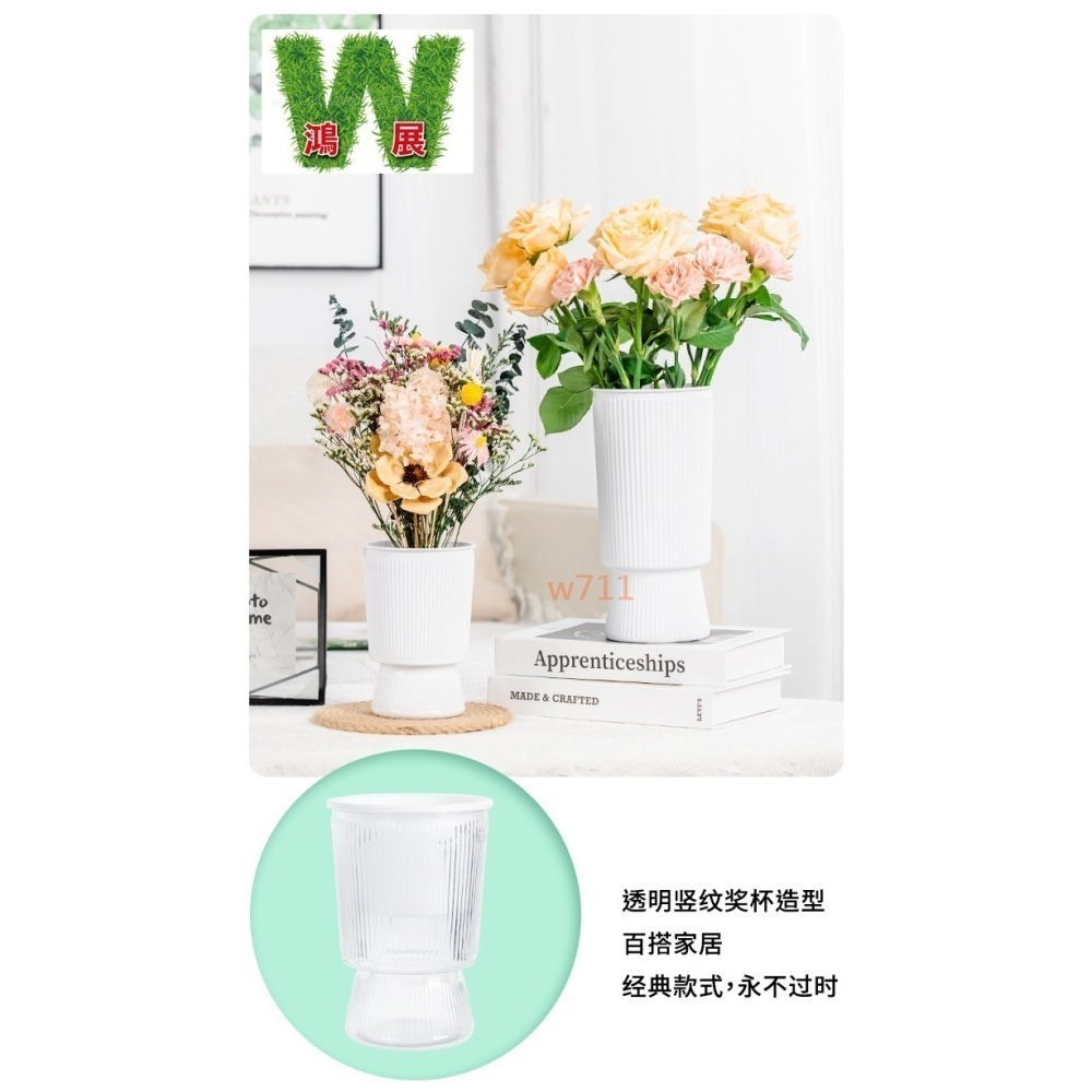 W711鴻展 土培 水培二用 自動吸水 透明 竪紋 獎杯款 花盆 透明款 圓型 花盆 花瓶 北歐風 仿玻璃透明度-細節圖4