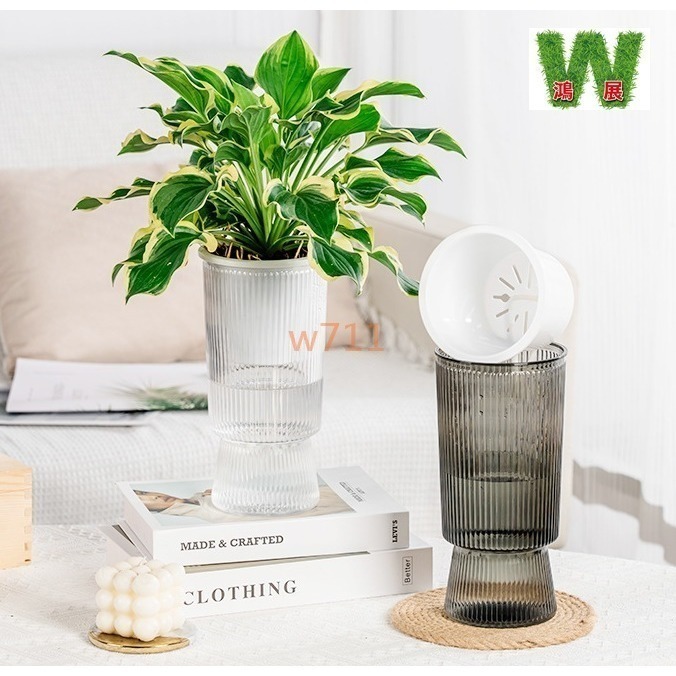 W711鴻展 土培 水培二用 自動吸水 透明 竪紋 獎杯款 花盆 透明款 圓型 花盆 花瓶 北歐風 仿玻璃透明度-細節圖5