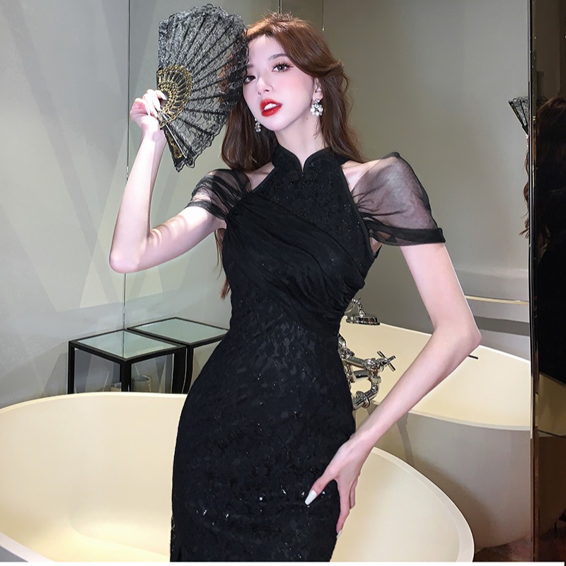 現貨 復古黑網紗性感削肩時尚中長禮服 M/L 黑色洋裝 連身裙-細節圖2