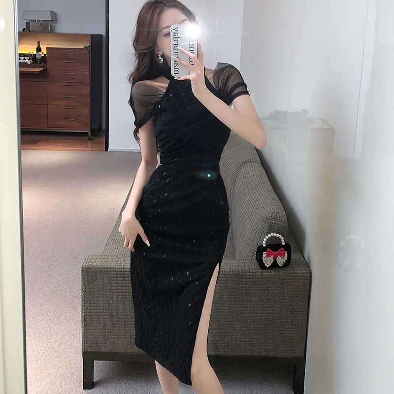 現貨 復古黑網紗性感削肩時尚中長禮服 M/L 黑色洋裝 連身裙-細節圖4