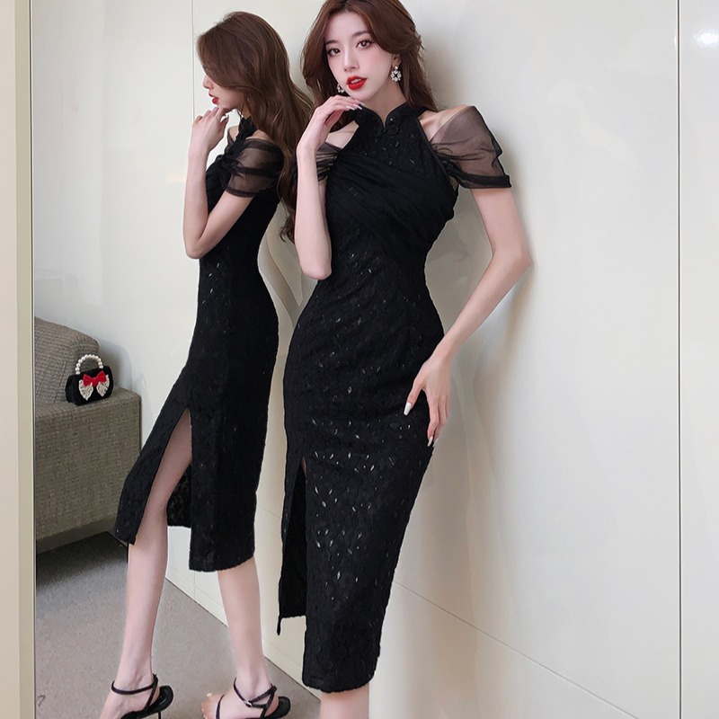 現貨 復古黑網紗性感削肩時尚中長禮服 M/L 黑色洋裝 連身裙-細節圖6