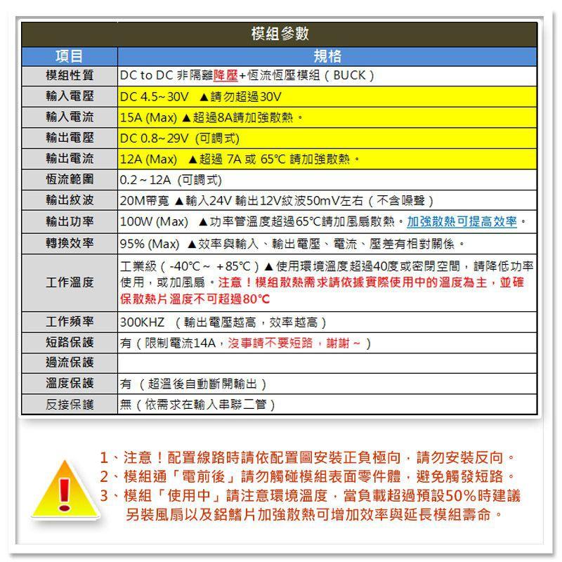 現貨【W85】DIY100W 12A《DC電源降壓模組》降壓 工業規格 可調電壓 0.8~29V【AP-1630】-細節圖3