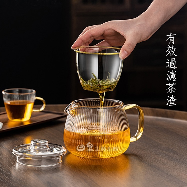 耐熱玻璃茶具 泡茶壼 花茶壼 玻璃茶壼 贈雙層杯 台灣現貨 冷水壼 加厚玻璃茶具 玻璃過濾泡茶壼 條紋泡茶壼 日皇二館-細節圖2
