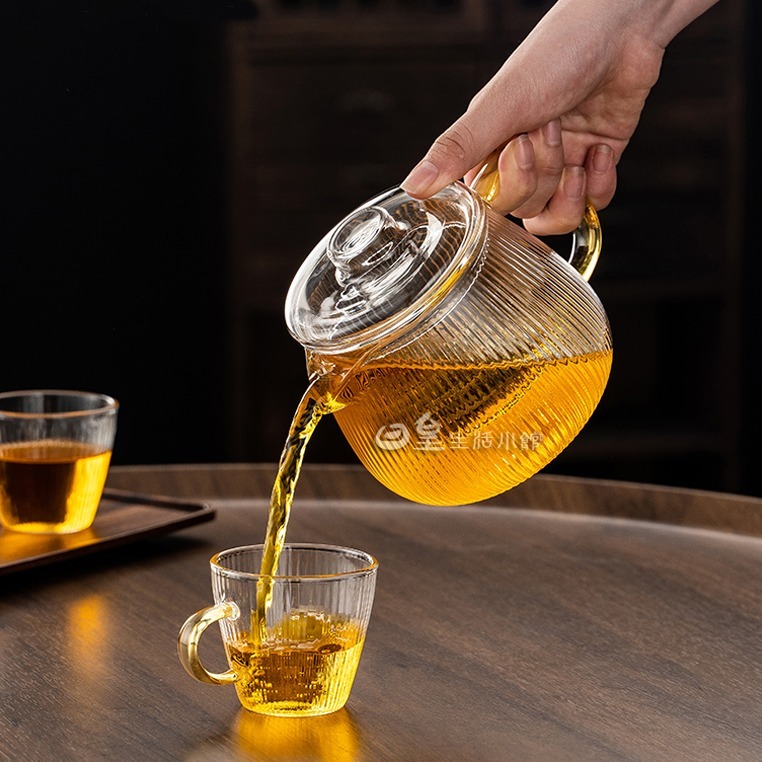 耐熱玻璃茶具 泡茶壼 花茶壼 玻璃茶壼 贈雙層杯 台灣現貨 冷水壼 加厚玻璃茶具 玻璃過濾泡茶壼 條紋泡茶壼 日皇二館-細節圖8