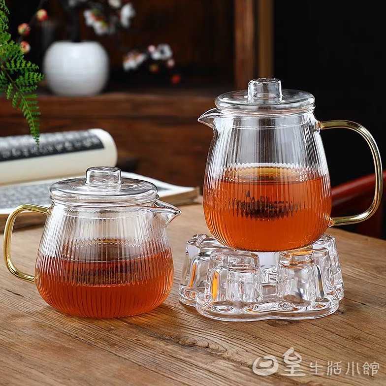 耐熱玻璃茶具 泡茶壼 花茶壼 玻璃茶壼 贈雙層杯 台灣現貨 冷水壼 加厚玻璃茶具 玻璃過濾泡茶壼 條紋泡茶壼 日皇二館-細節圖9