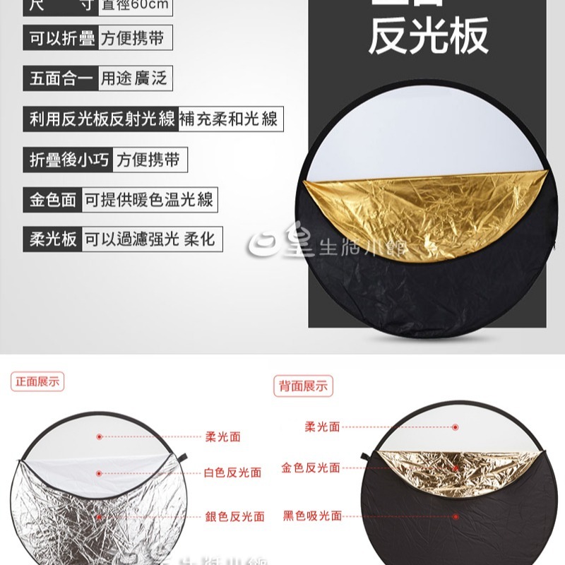 反光板 折疊攜帶式五合一反光板 補光板 吸光板 背景板 柔光板 銀白色 金銀色 贈收納袋 日皇-細節圖2