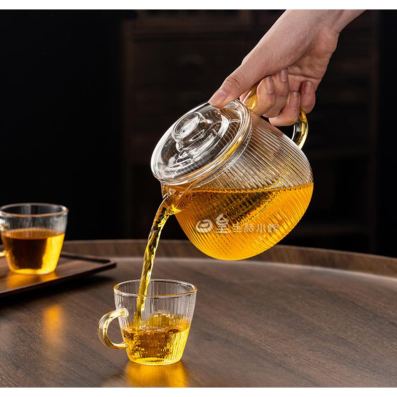 加厚玻璃茶具 泡茶壼 花茶壼 玻璃茶壼 贈雙層杯 台灣現貨 冷水壼 耐熱玻璃茶具 玻璃過濾泡茶壼 條紋泡茶壼 日皇-細節圖8
