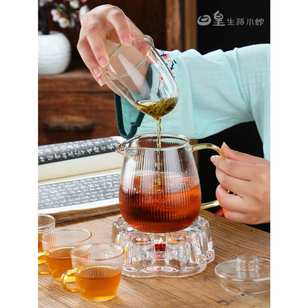 加厚玻璃茶具 泡茶壼 花茶壼 玻璃茶壼 贈雙層杯 台灣現貨 冷水壼 耐熱玻璃茶具 玻璃過濾泡茶壼 條紋泡茶壼 日皇-細節圖9