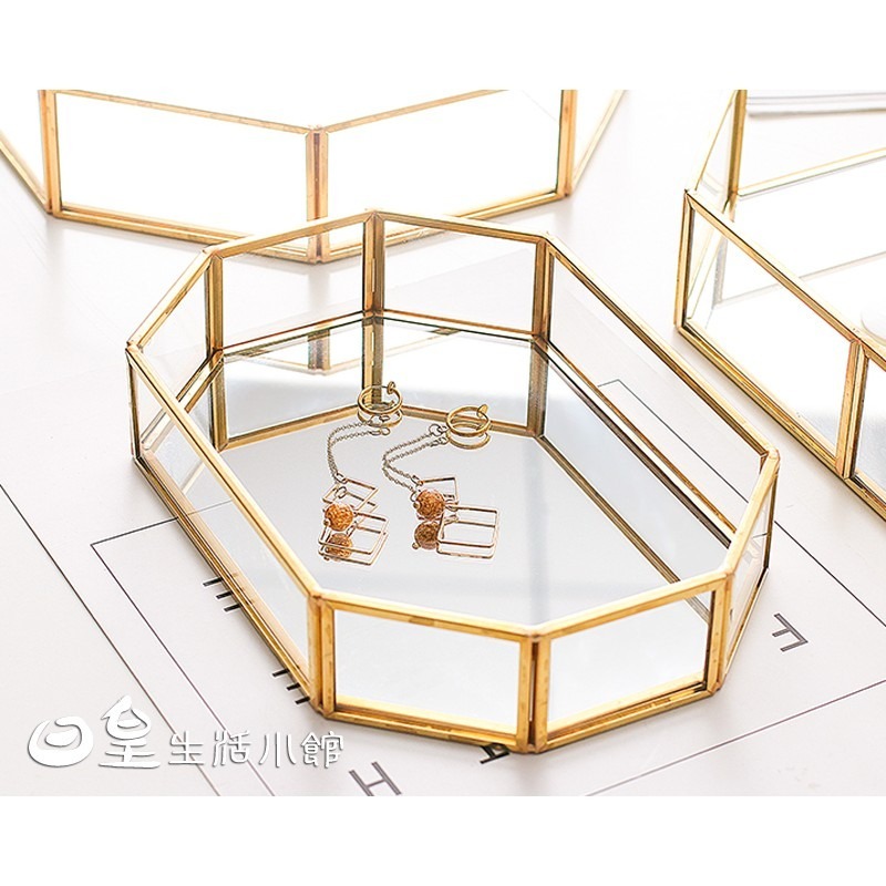 金邊玻璃收納盤 北歐風首飾盤 托盤 拍照道具 置物盤 展示盒 桌面收納置物籃 ins 金屬玻璃收納盤 日皇-細節圖3