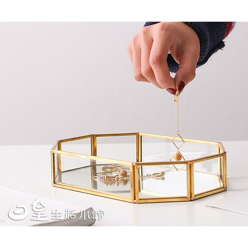 金邊玻璃收納盤 北歐風首飾盤 托盤 拍照道具 置物盤 展示盒 桌面收納置物籃 ins 金屬玻璃收納盤 日皇-細節圖6