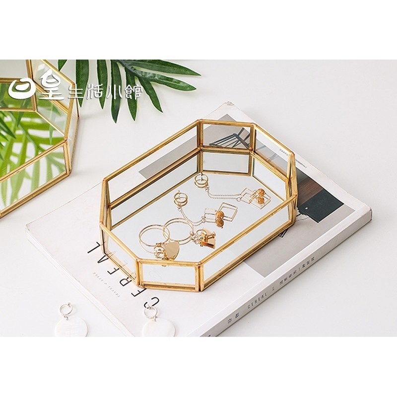 金邊玻璃收納盤 北歐風首飾盤 托盤 拍照道具 置物盤 展示盒 桌面收納置物籃 ins 金屬玻璃收納盤 日皇-細節圖7
