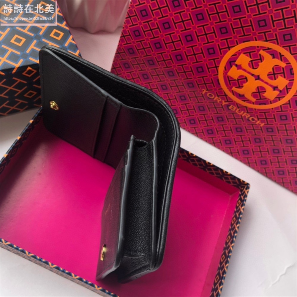 詩詩精品 Tory Burch 皮夾 短夾 小羊皮菱格按扣夾 零錢包 手拿包 卡包 時尚百搭 千元鈔票夾 多卡位零錢夾-細節圖5