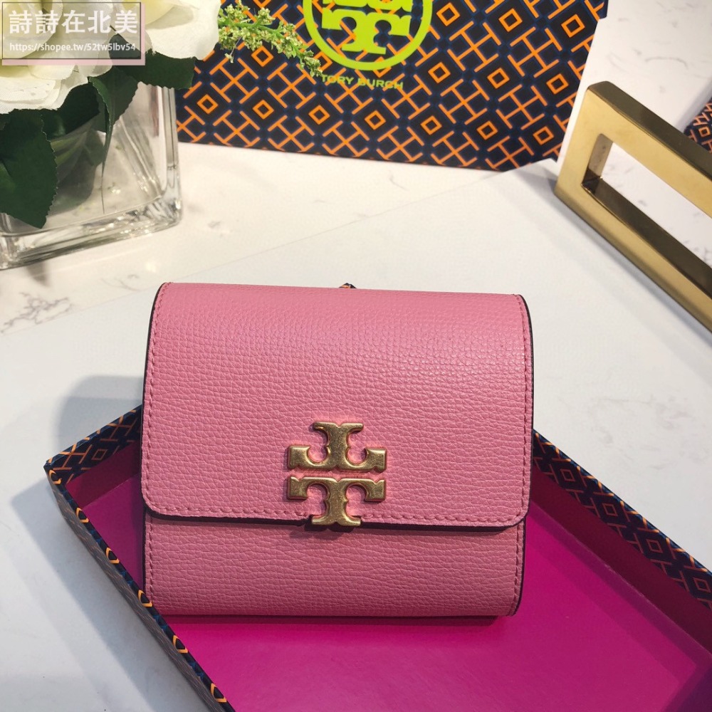 詩詩精品 Tory Burch 皮夾 錢包 短夾 時尚百搭 證件夾 十字紋防刮手拿包 大logo翻蓋 按扣錢夾 零錢包-細節圖7