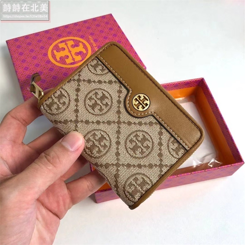 詩詩精品 Tory Burch 皮夾 短夾 零錢包 名片夾 拉鏈短夾 經典提花布設計雙色可選 多功能皮夾 老花拼布設計-細節圖2
