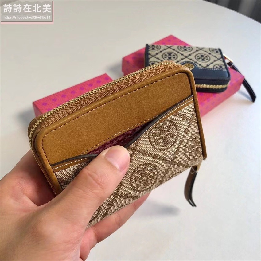 詩詩精品 Tory Burch 皮夾 短夾 零錢包 名片夾 拉鏈短夾 經典提花布設計雙色可選 多功能皮夾 老花拼布設計-細節圖3