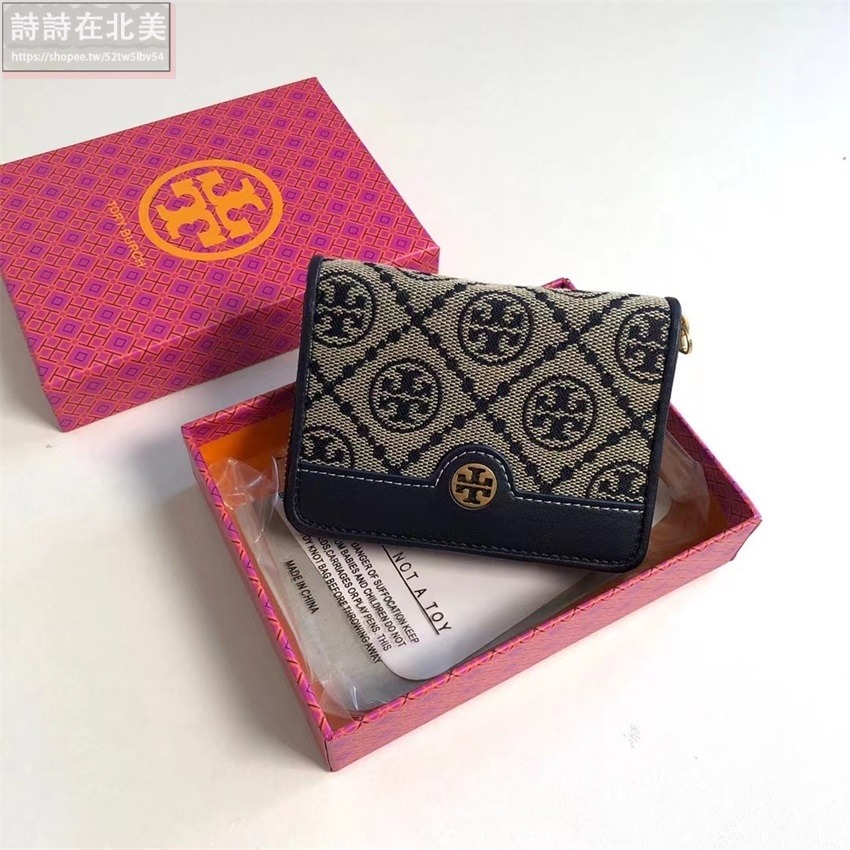 詩詩精品 Tory Burch 皮夾 短夾 零錢包 名片夾 拉鏈短夾 經典提花布設計雙色可選 多功能皮夾 老花拼布設計-細節圖7