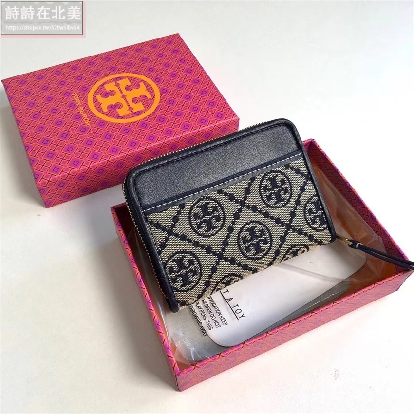 詩詩精品 Tory Burch 皮夾 短夾 零錢包 名片夾 拉鏈短夾 經典提花布設計雙色可選 多功能皮夾 老花拼布設計-細節圖8
