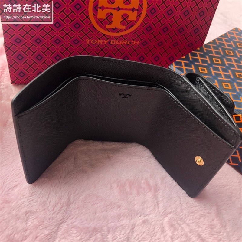 詩詩精品 Tory Burch 皮夾 零錢夾 真皮防刮短夾 錢夾 暗釦夾 短夾 多卡位零錢包十字紋防刮材質 三折短夾-細節圖3