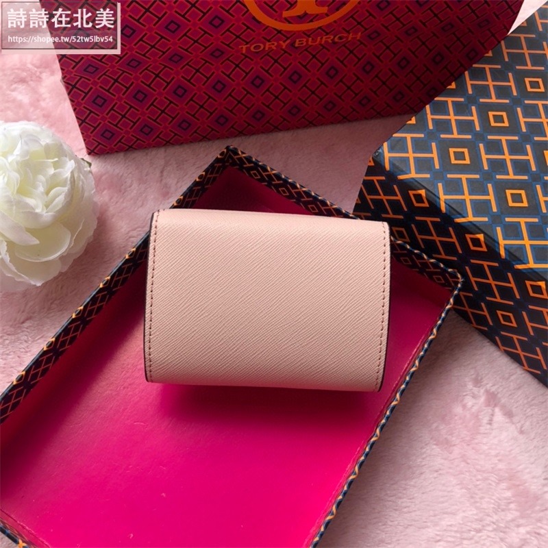 詩詩精品 Tory Burch 皮夾 零錢夾 真皮防刮短夾 錢夾 暗釦夾 短夾 多卡位零錢包十字紋防刮材質 三折短夾-細節圖6