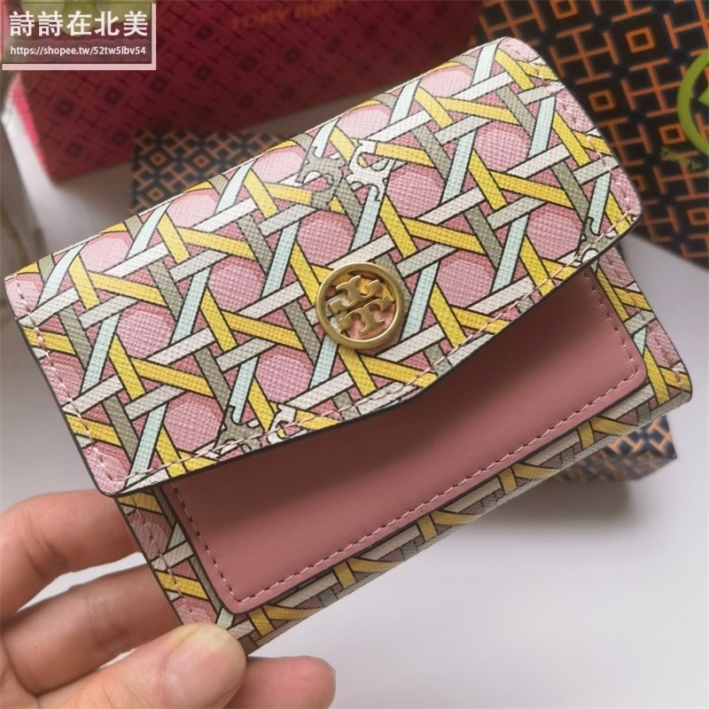 詩詩精品 Tory Burch 皮夾 零錢夾 真皮防刮短夾 錢夾 暗釦夾 短夾 多卡位零錢包十字紋防刮材質 三折短夾-細節圖8