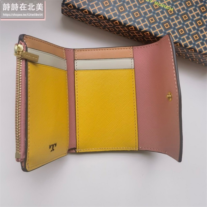 詩詩精品 Tory Burch 皮夾 零錢夾 真皮防刮短夾 錢夾 暗釦夾 短夾 多卡位零錢包十字紋防刮材質 三折短夾-細節圖10