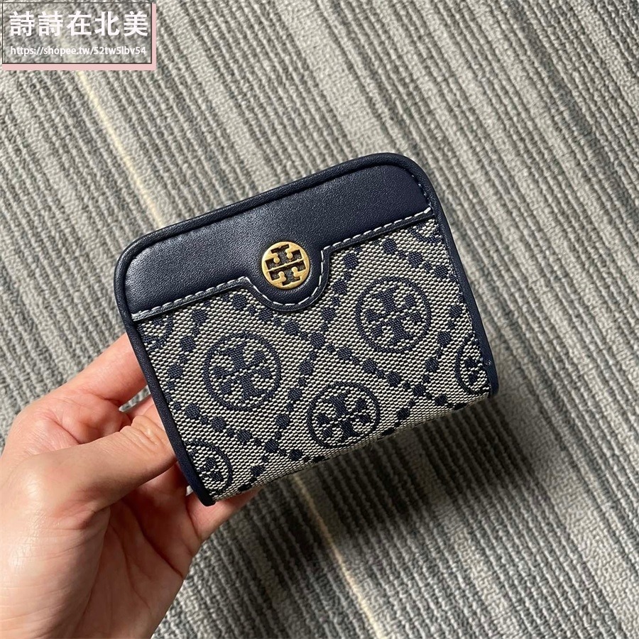 詩詩精品 Tory Burch 皮夾 短夾 零錢包 名片夾 經典提花布設計 雙色可選 多功能皮夾 老花拼布手拿包-細節圖2