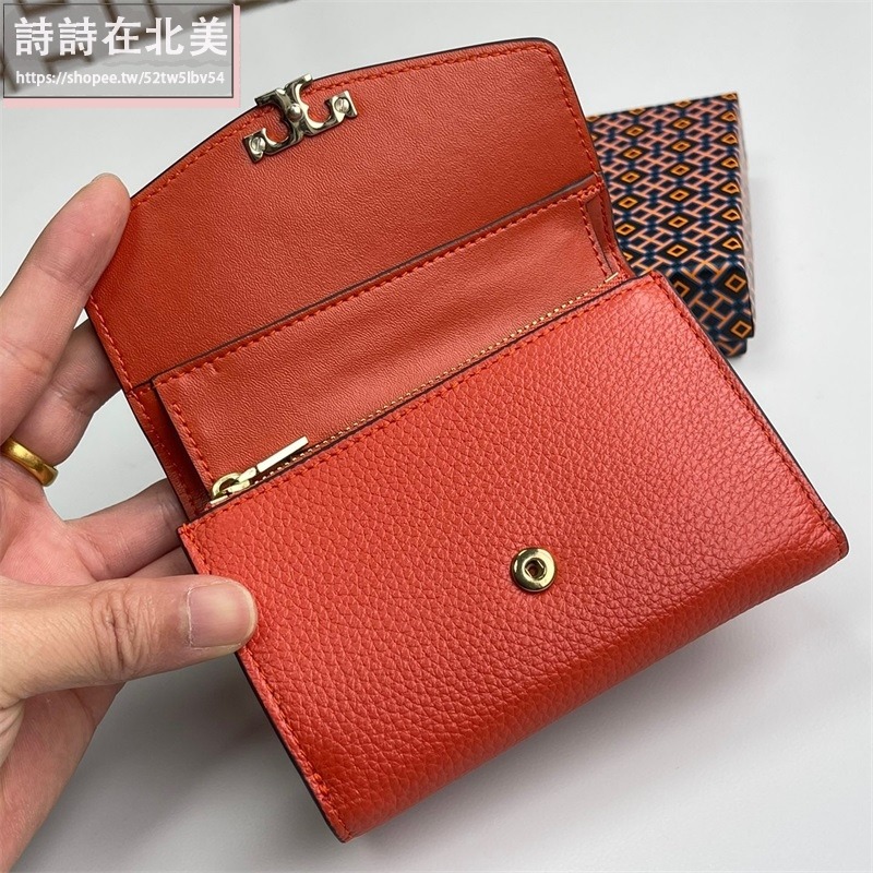詩詩精品 Tory Burch 皮夾 零錢包 中夾 錢包 荔枝紋頭層牛皮錢夾 三折皮夾 大容量卡夾 多功能鈔票夾 按扣夾-細節圖11