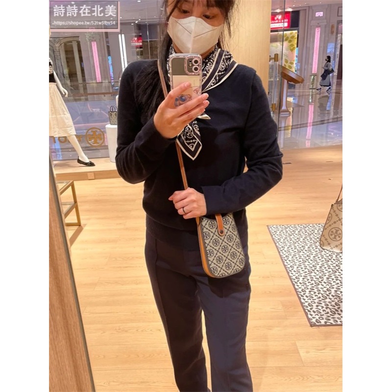 詩詩精品 Tory Burch 包包 手機包 單肩包 手拿包 斜背包 老花帆布拼牛皮側背包 單肩包 斜挎包 肩背包 側包-細節圖2