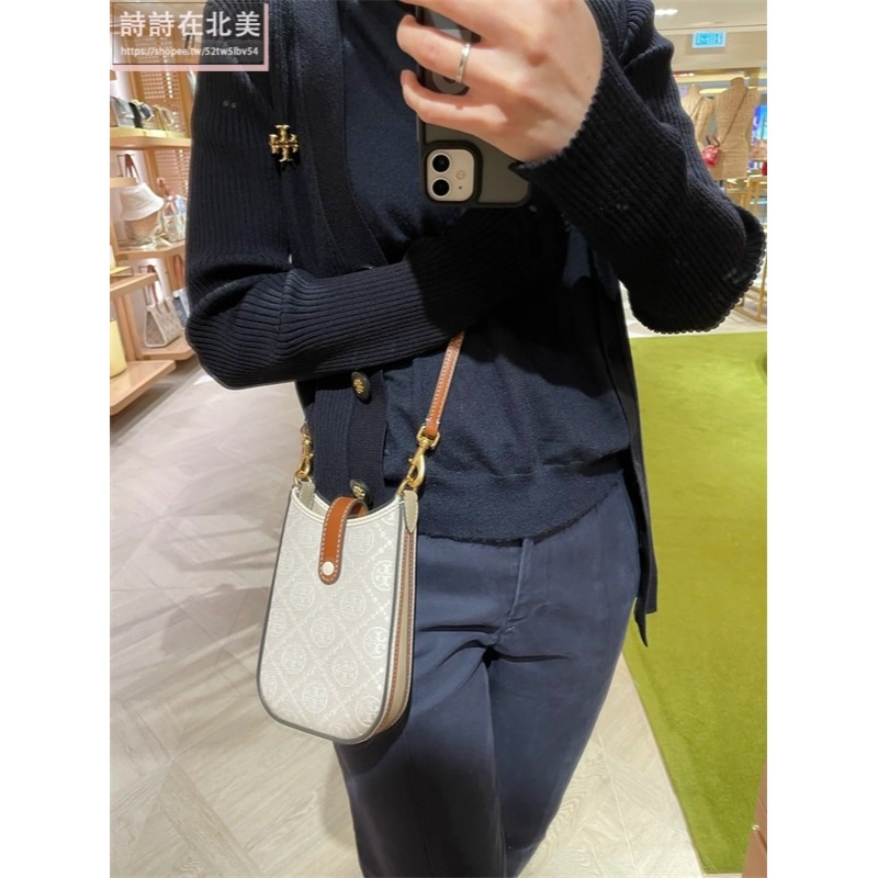 詩詩精品 Tory Burch 包包 手機包 單肩包 手拿包 斜背包 老花帆布拼牛皮側背包 單肩包 斜挎包 肩背包 側包-細節圖3