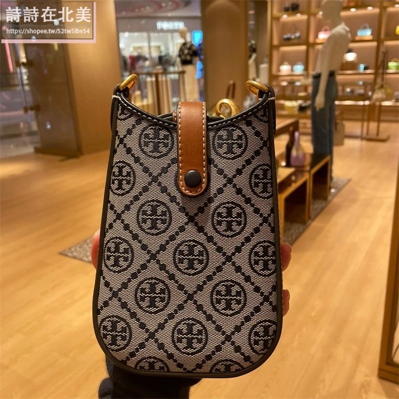 詩詩精品 Tory Burch 包包 手機包 單肩包 手拿包 斜背包 老花帆布拼牛皮側背包 單肩包 斜挎包 肩背包 側包-細節圖4