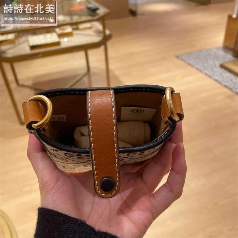 詩詩精品 Tory Burch 包包 手機包 單肩包 手拿包 斜背包 老花帆布拼牛皮側背包 單肩包 斜挎包 肩背包 側包-細節圖6