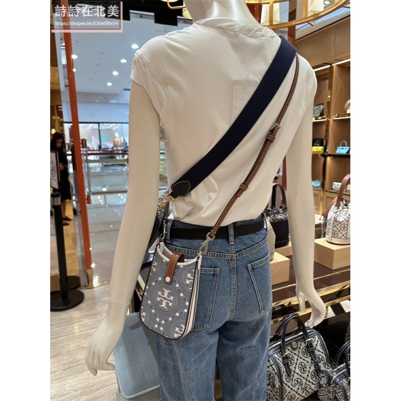 詩詩精品 Tory Burch 包包 手機包 單肩包 手拿包 斜背包 老花帆布拼牛皮側背包 單肩包 斜挎包 肩背包 側包-細節圖7