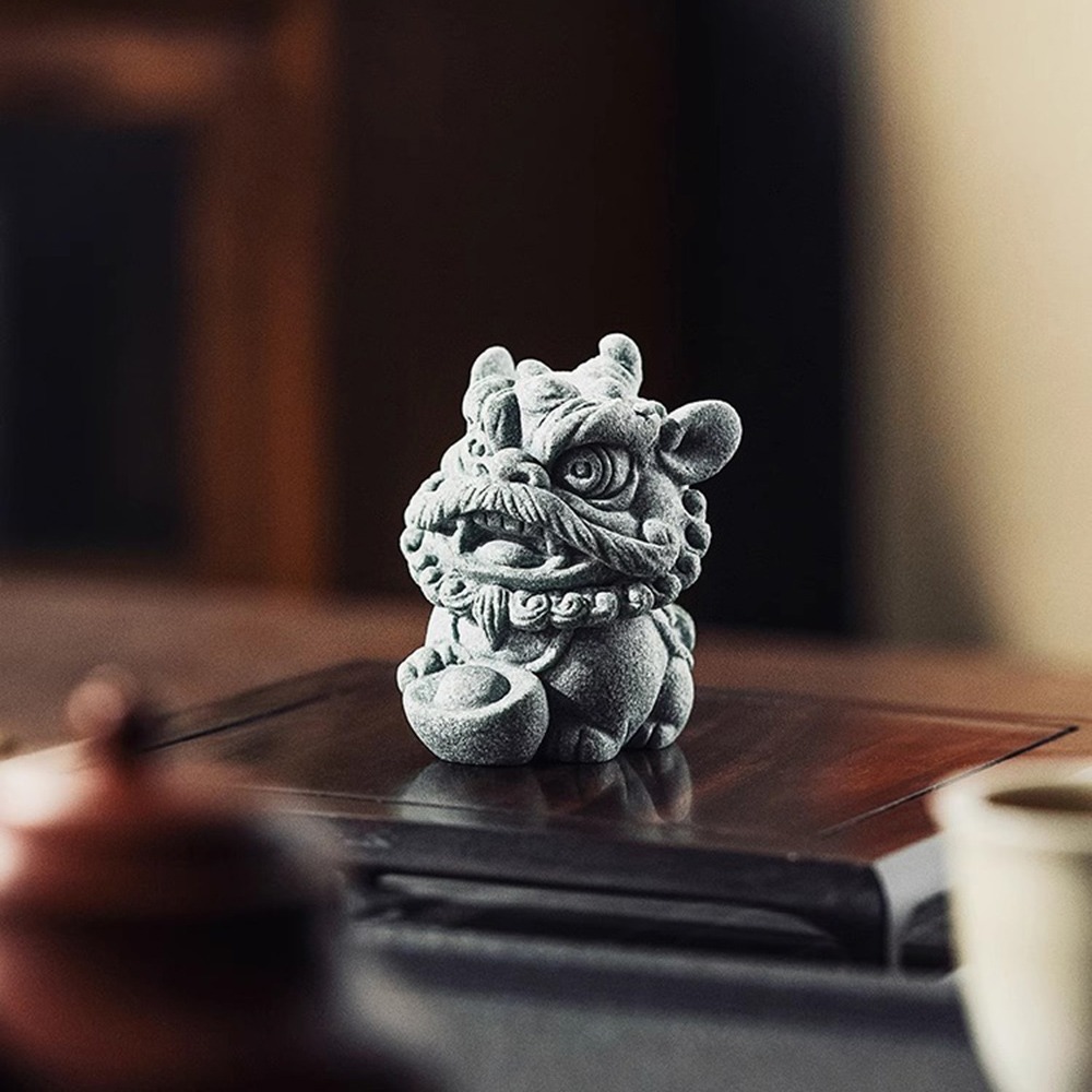 【麟鳳呈祥】開運招財醒獅擺飾 青砂石石獅組(贈底座)-細節圖2