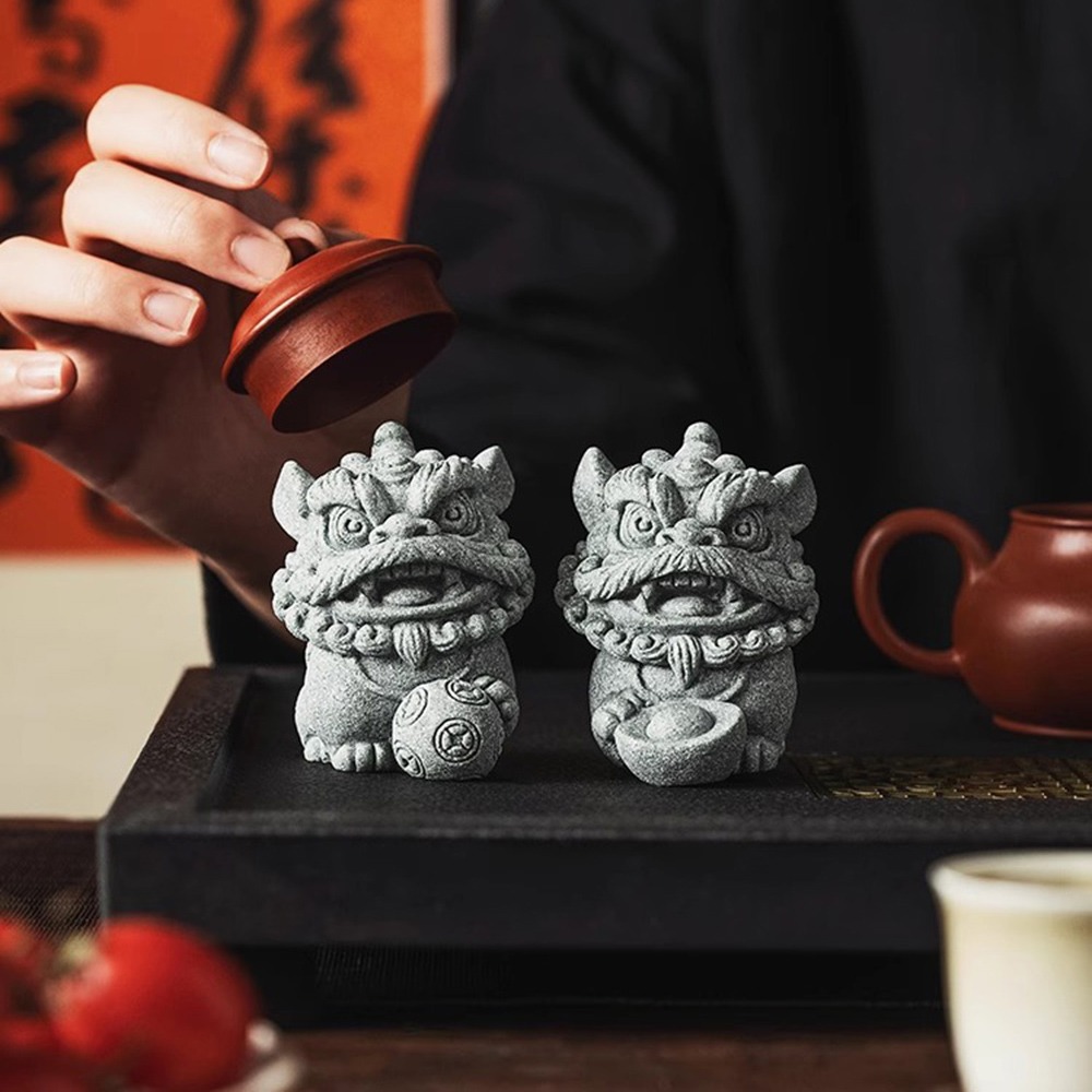 【麟鳳呈祥】開運招財醒獅擺飾 青砂石石獅組(贈底座)-細節圖3