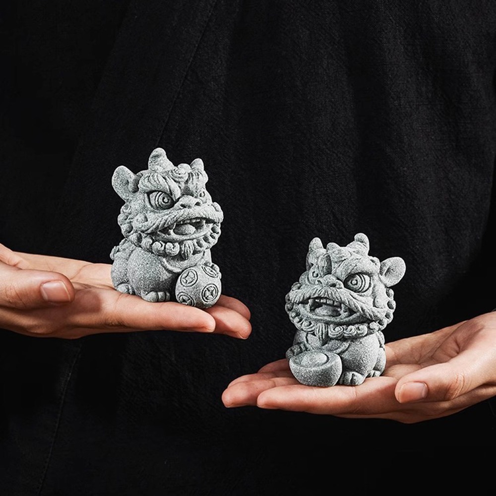 【麟鳳呈祥】開運招財醒獅擺飾 青砂石石獅組(贈底座)-細節圖4