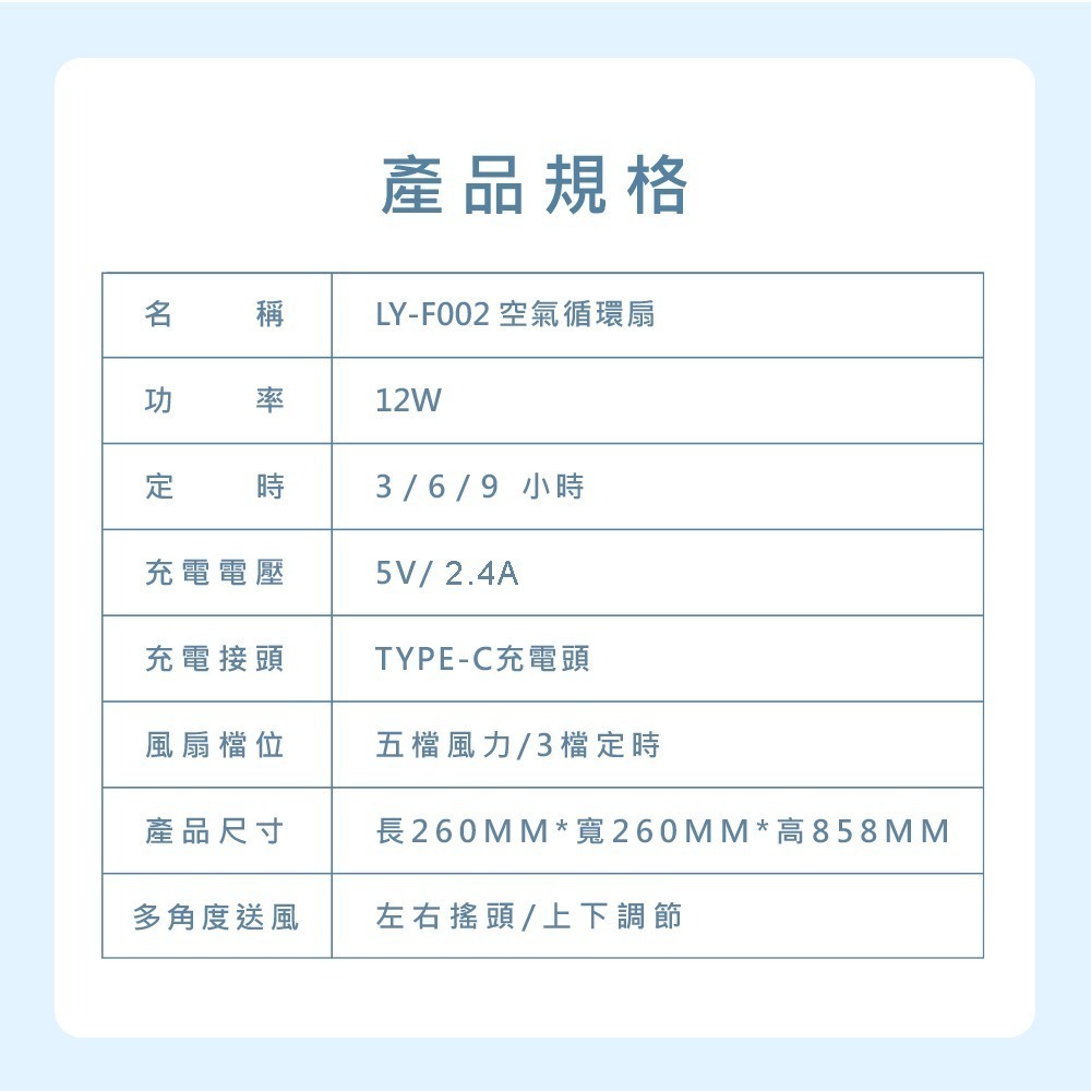 【LY 立元】10吋USB空氣循環扇(遙控 夜燈 擺頭 定時 伸縮LY-F002 )-細節圖4