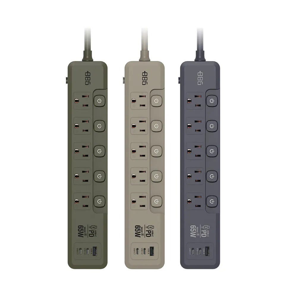 【+886極野家】5開5插1USB+2Type C PD 65W 快充延長線1.8米 V2-細節圖2