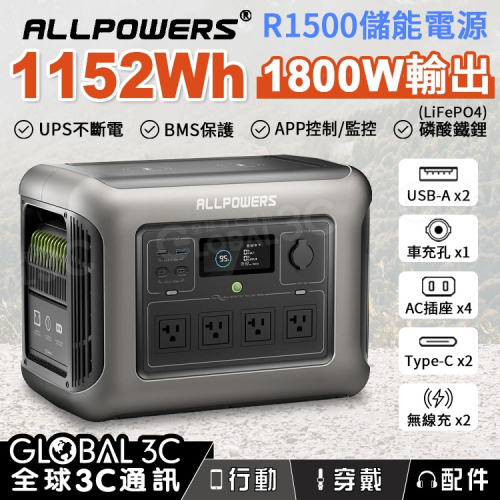 ALLPOWERS R1500 儲能電源 1152Wh/1800W/AC110V 11個輸出 UPS不斷電 15W無線