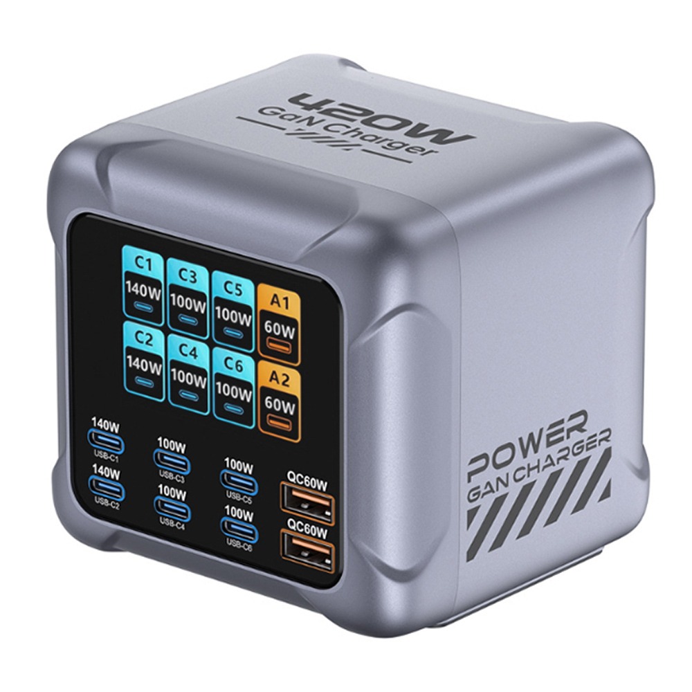 420W GaN 氮化鎵 快充充電器 螢幕顯示 八個輸出口 同時充電 單口輸出140W PD/QC/SCP快充-細節圖2