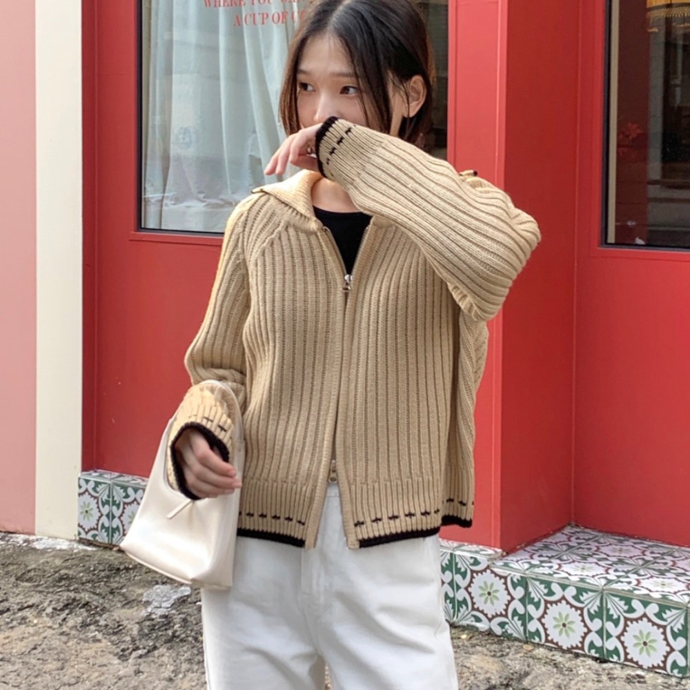 (淺褐現貨)❤️韓國東大門代購 拉鍊直線條滾邊針織上衣 正韓空運-細節圖2