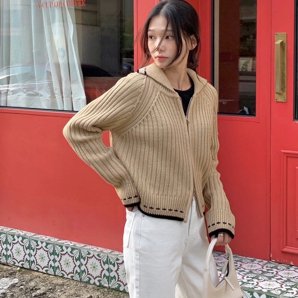 (淺褐現貨)❤️韓國東大門代購 拉鍊直線條滾邊針織上衣 正韓空運-細節圖3