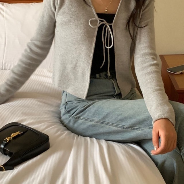 現貨 韓國東大門代購 Ribbon slim cardigan蝴蝶結綁帶長袖小外套-細節圖4