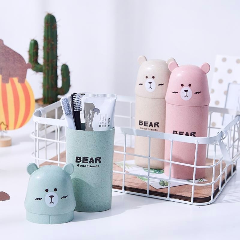 小麥纖維 卡通小熊吸漱杯 浴室情侶漱口杯 便攜旅行牙膏牙刷收納杯-細節圖3