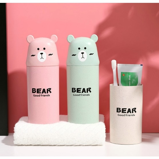 小麥纖維 卡通小熊吸漱杯 浴室情侶漱口杯 便攜旅行牙膏牙刷收納杯-細節圖4