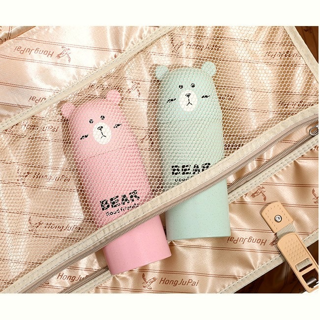 小麥纖維 卡通小熊吸漱杯 浴室情侶漱口杯 便攜旅行牙膏牙刷收納杯-細節圖5