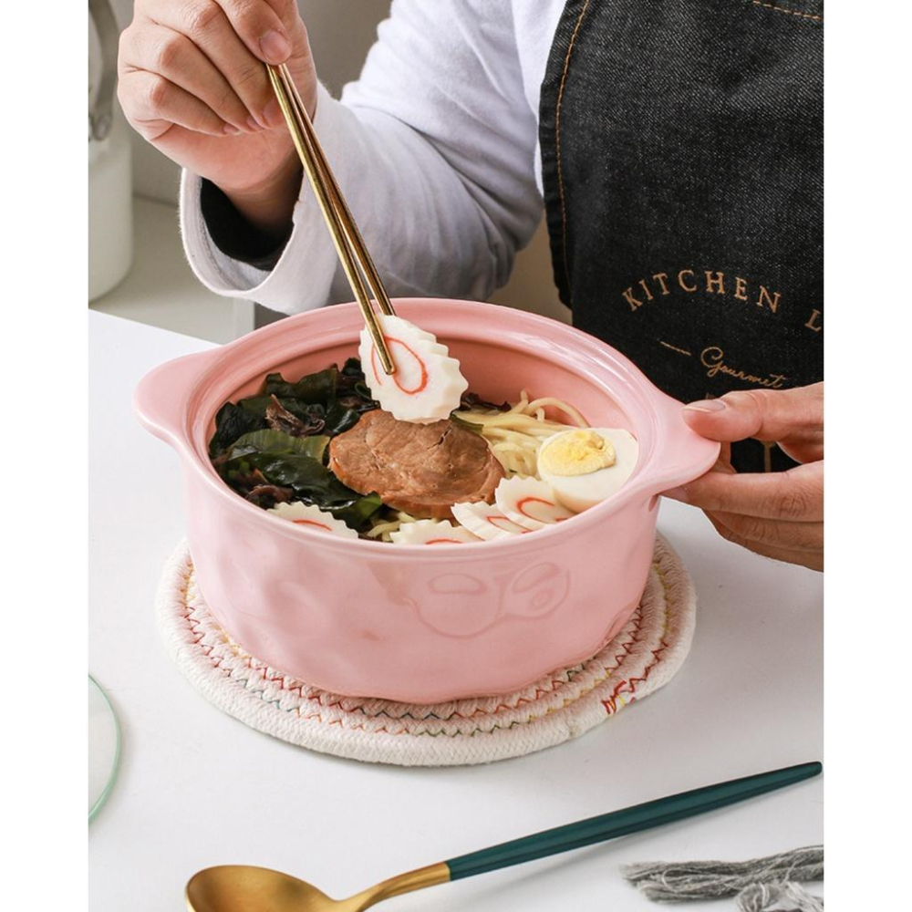 現貨 北歐 雙耳陶瓷碗 泡麵碗 帶蓋 餐碗 湯碗 防燙 加厚 日式雙耳陶瓷碗 陶瓷餐具-細節圖3
