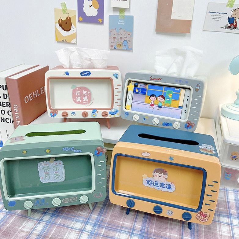 現貨 電視機面紙盒 電視造型 手機置物架 北歐面紙盒 衛生紙 紙巾盒 復古 置物盒收納-細節圖2