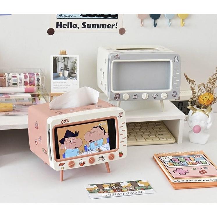 現貨 電視機面紙盒 電視造型 手機置物架 北歐面紙盒 衛生紙 紙巾盒 復古 置物盒收納-細節圖4