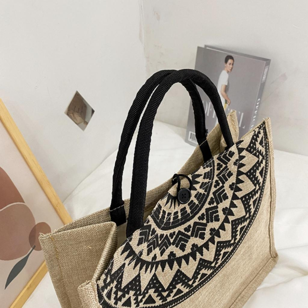 現貨 復古 民族風 圖騰 亞麻 通勤 萬用包 手提包 簡約 休閒 大容量包-細節圖2