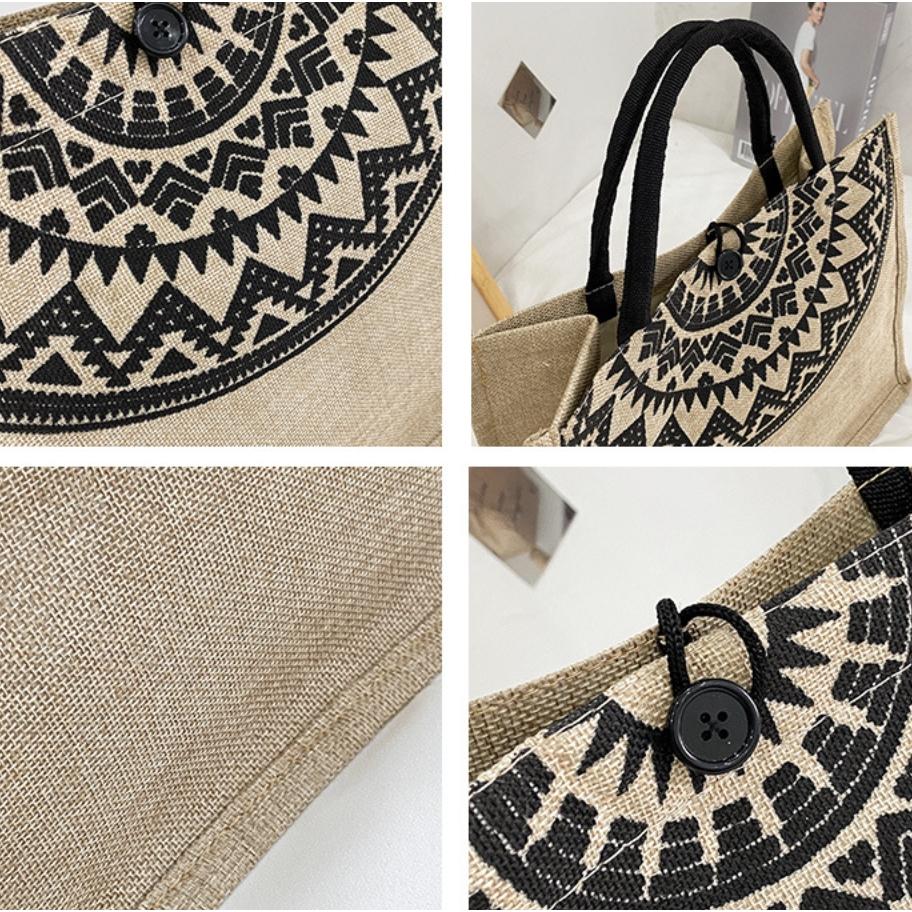 現貨 復古 民族風 圖騰 亞麻 通勤 萬用包 手提包 簡約 休閒 大容量包-細節圖3
